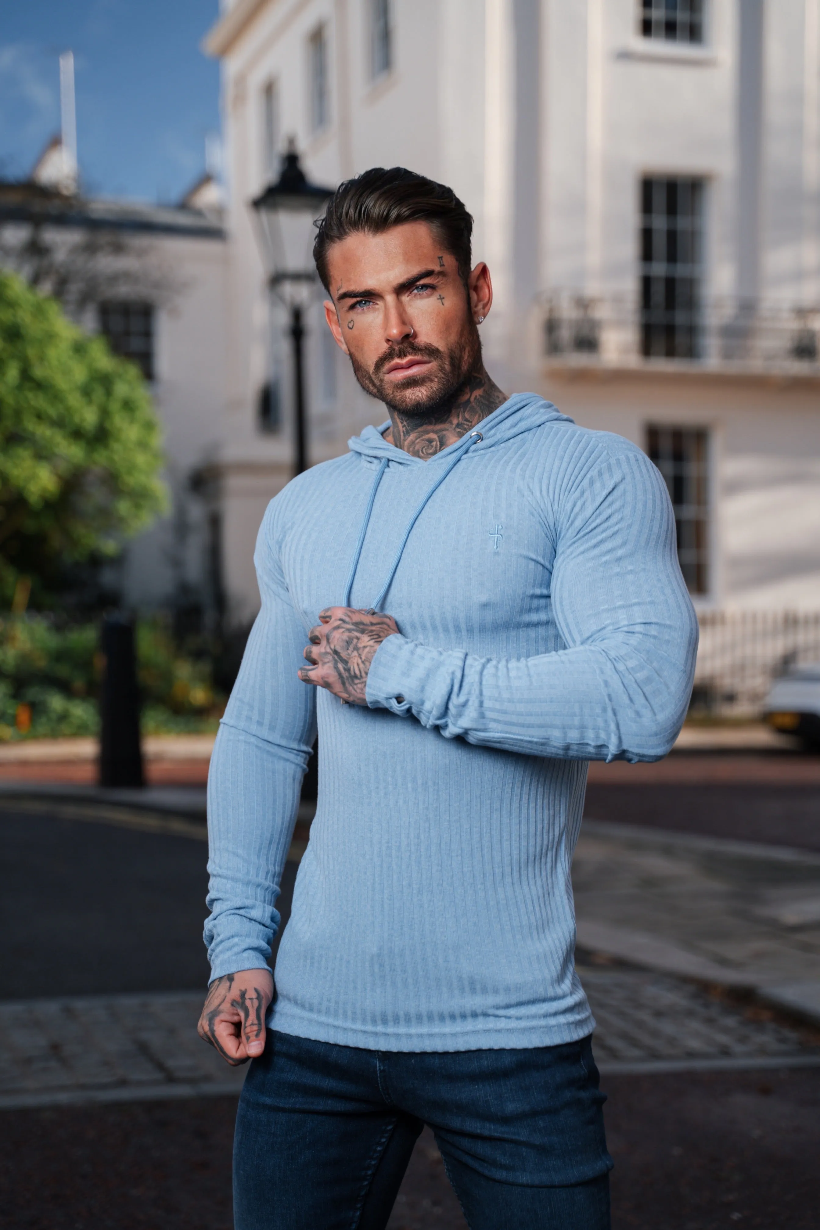 Father Sons Classic Light Blue Ribbed Knit Hoodie Jumper - FSH908