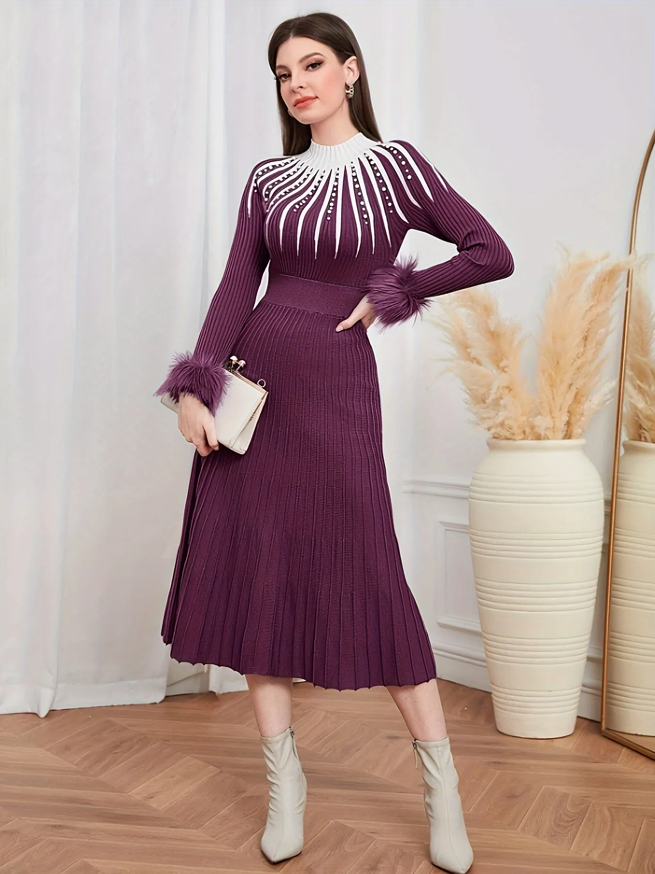 Faux Fur Trim Mock Mock Knitted Dress, Elegant Long Sleeve A-line Dress For Fall & Winter, Women's Clothing