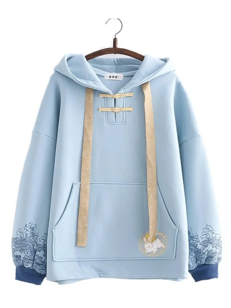 Fleece Women Hoodies Sweet Style Kawaii Rabbit Embroidery Hooded Sweatshirts Winter Harajuku Drawstring Hoody Sweatshirt