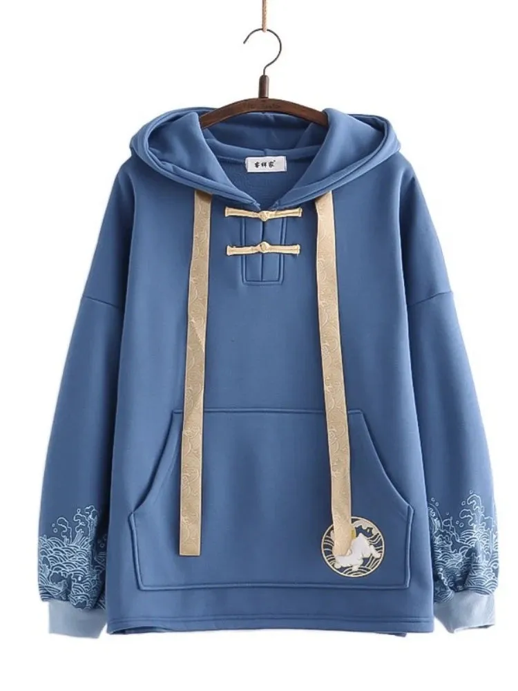 Fleece Women Hoodies Sweet Style Kawaii Rabbit Embroidery Hooded Sweatshirts Winter Harajuku Drawstring Hoody Sweatshirt