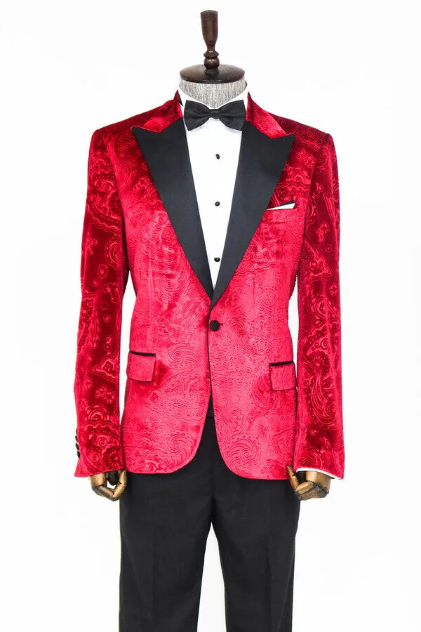 Floral Patterned Velvet Burgundy Men Tuxedo Jacket - Wessi