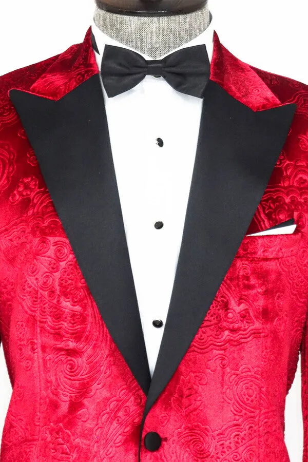 Floral Patterned Velvet Burgundy Men Tuxedo Jacket - Wessi