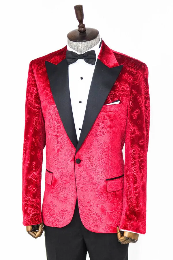 Floral Patterned Velvet Burgundy Men Tuxedo Jacket - Wessi