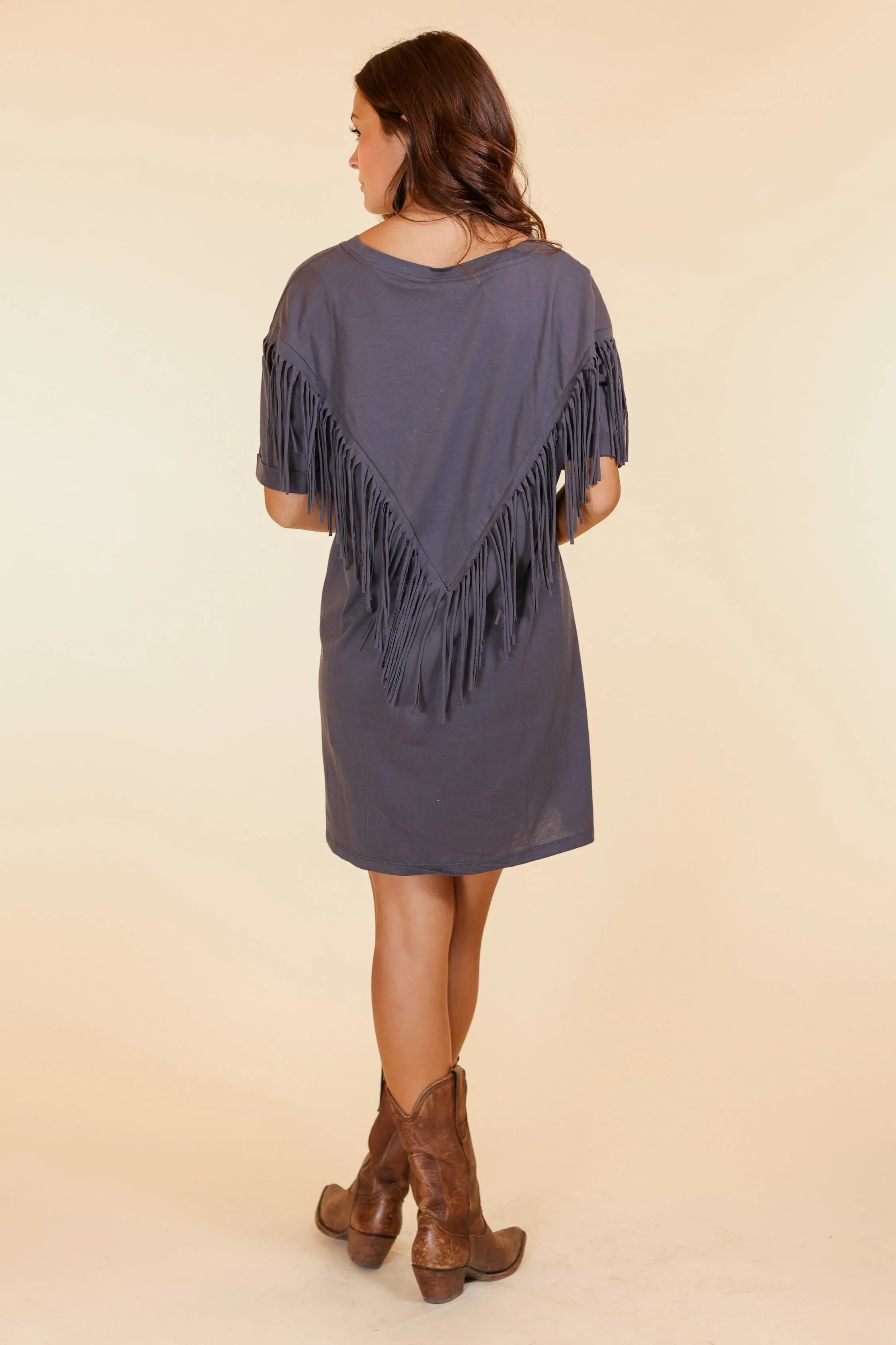 Fringe T-Shirt Dress, Grey