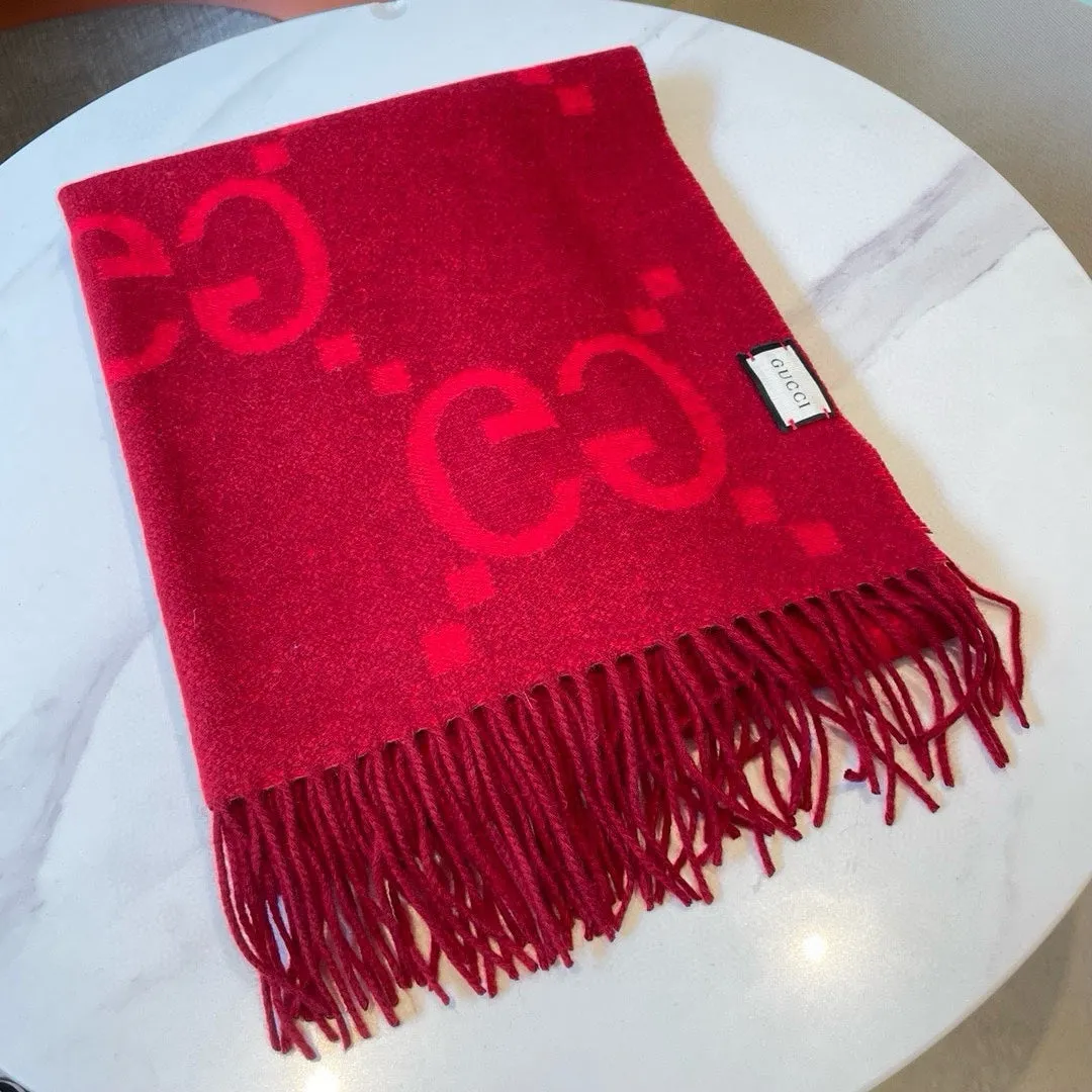 GG JACQUARD PATTERN KNIT SCARF 195 CM WITH TASSELS CHERRY RED 403746