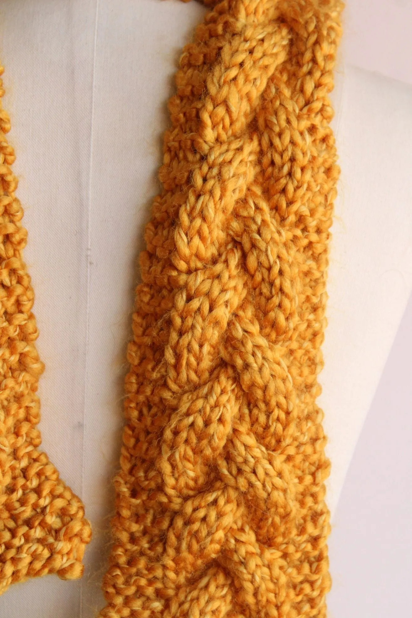 Hand Knit Cable Scarf in Mustard Yellow, the "Candlelight"