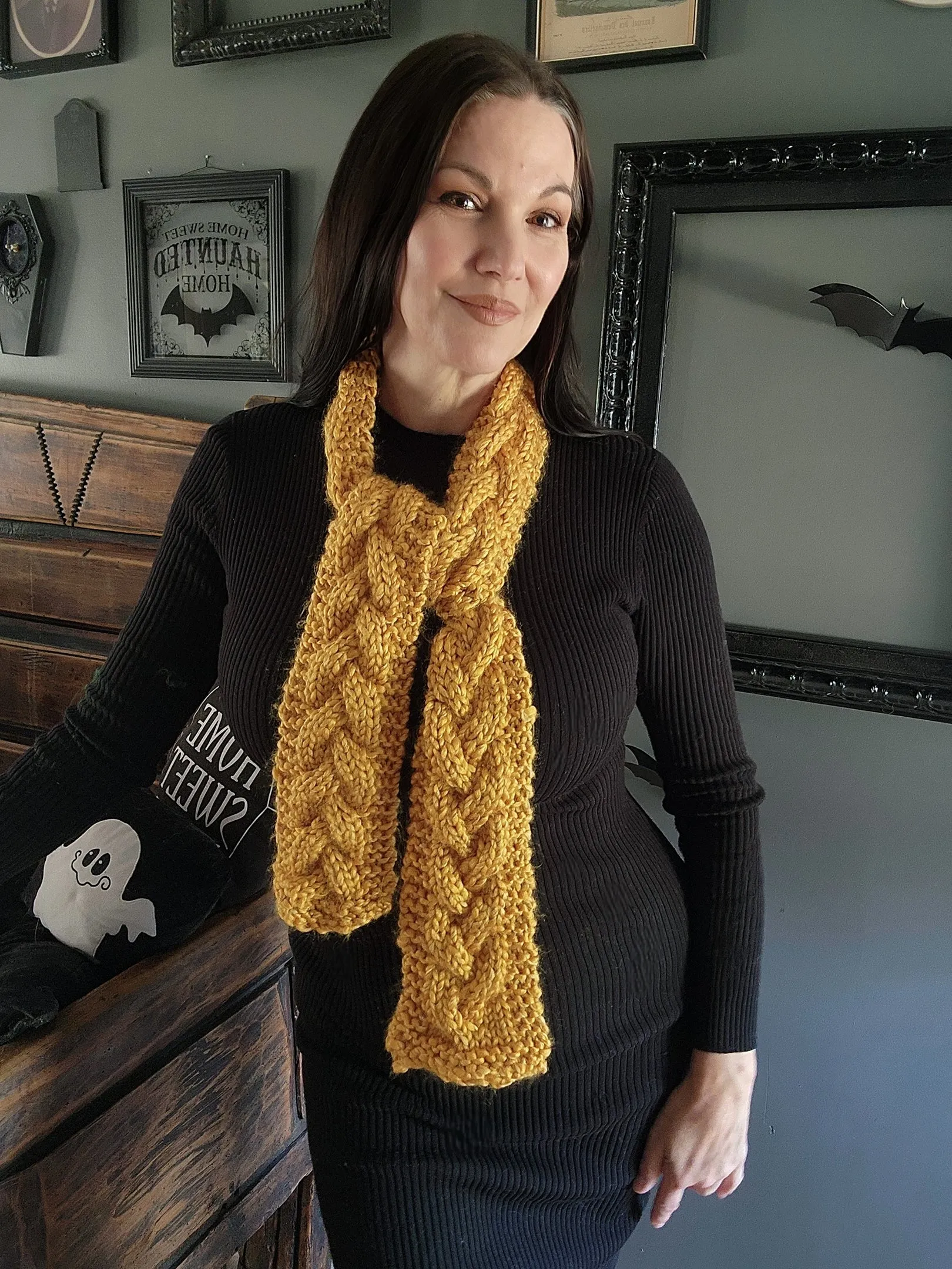 Hand Knit Cable Scarf in Mustard Yellow, the "Candlelight"