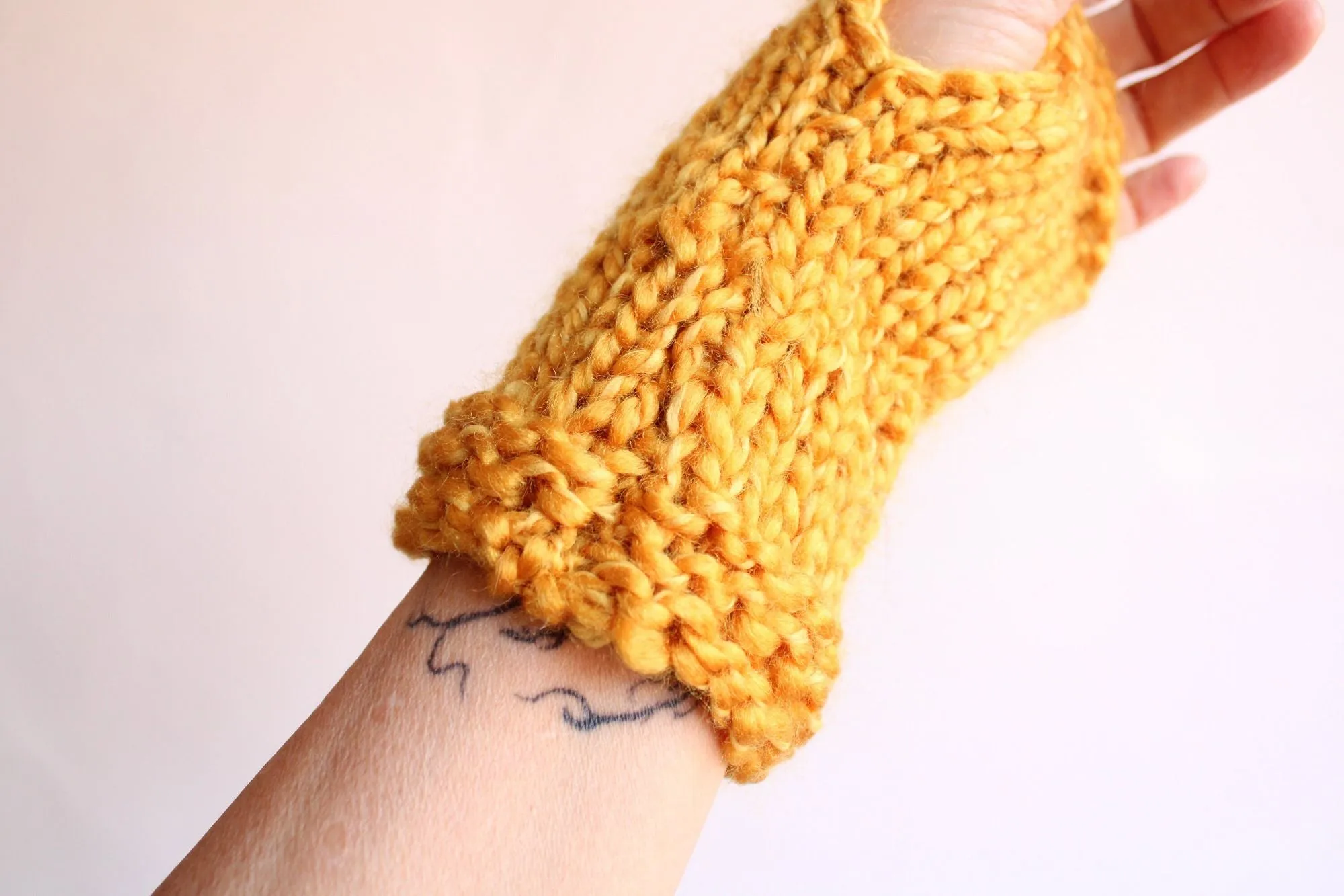 Hand Knit Fingerless Gloves in Mustard Yellow, the "Candlelight"