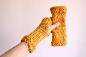 Hand Knit Fingerless Gloves in Mustard Yellow, the "Candlelight"