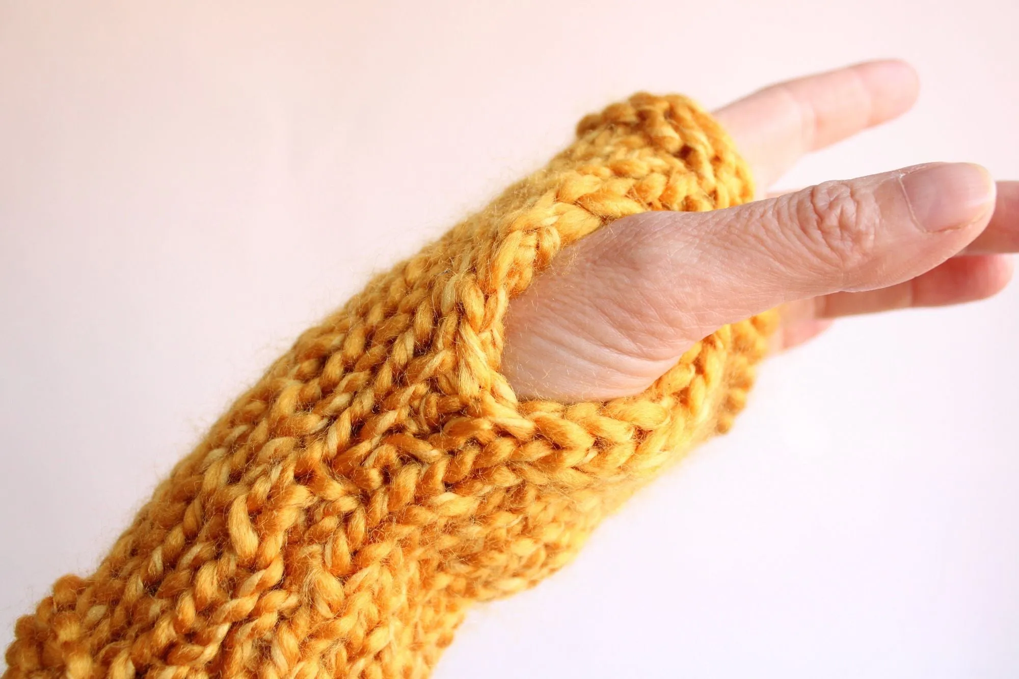 Hand Knit Fingerless Gloves in Mustard Yellow, the "Candlelight"