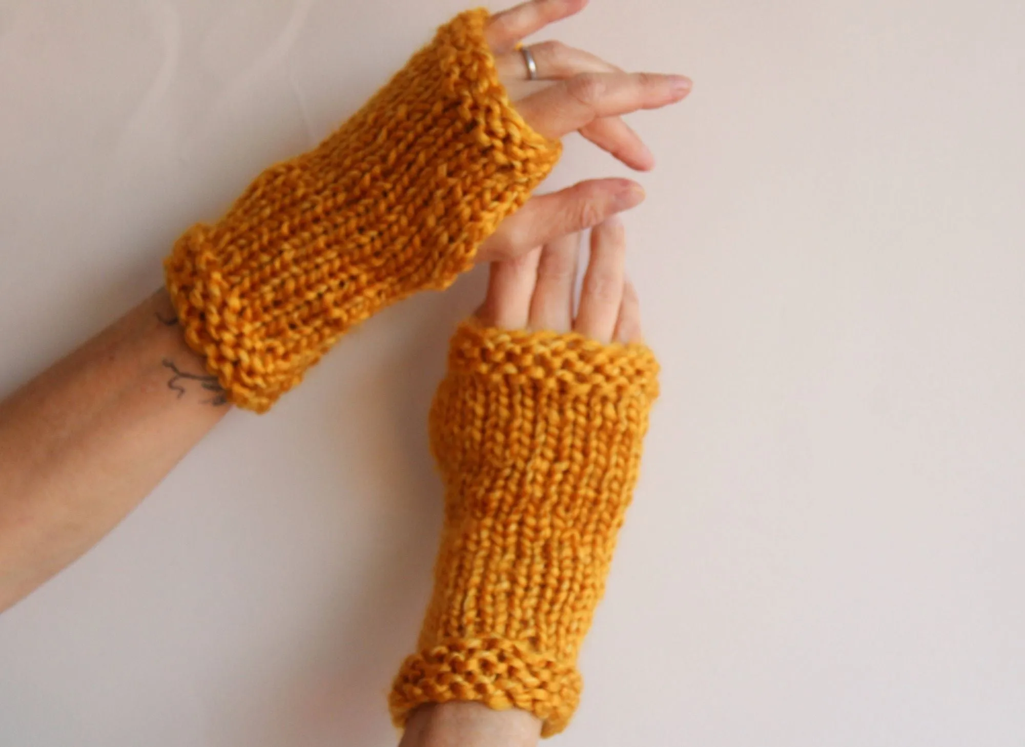 Hand Knit Fingerless Gloves in Mustard Yellow, the "Candlelight"