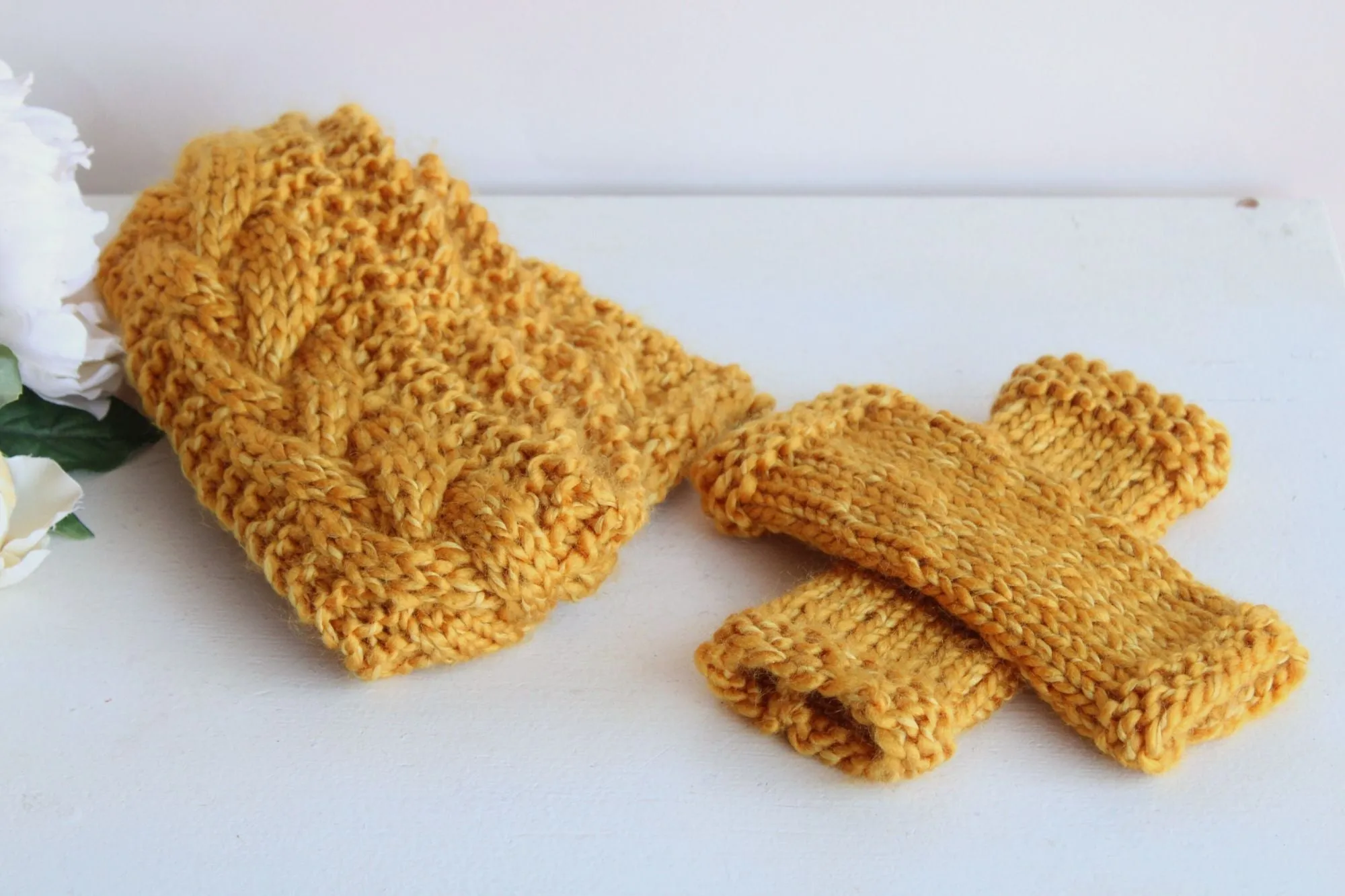 Hand Knit Fingerless Gloves in Mustard Yellow, the "Candlelight"