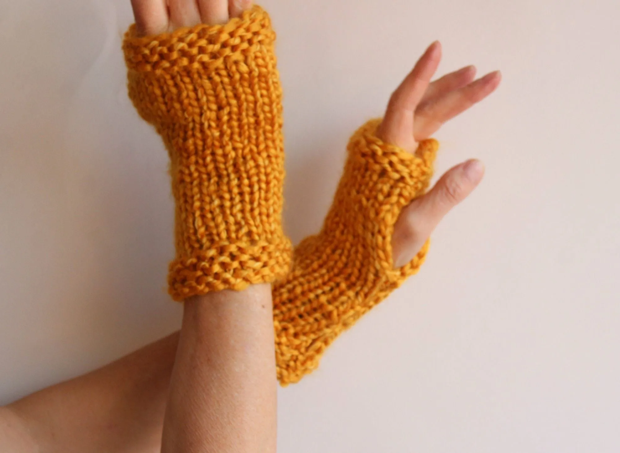 Hand Knit Fingerless Gloves in Mustard Yellow, the "Candlelight"