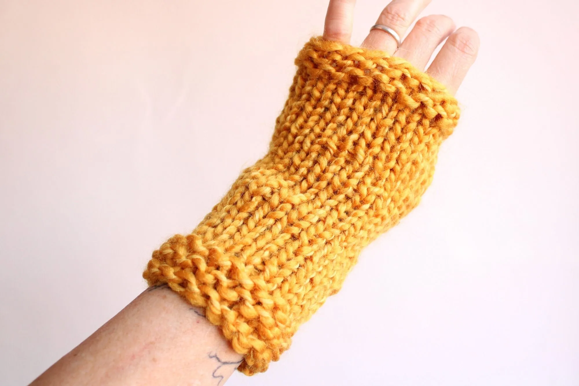 Hand Knit Fingerless Gloves in Mustard Yellow, the "Candlelight"