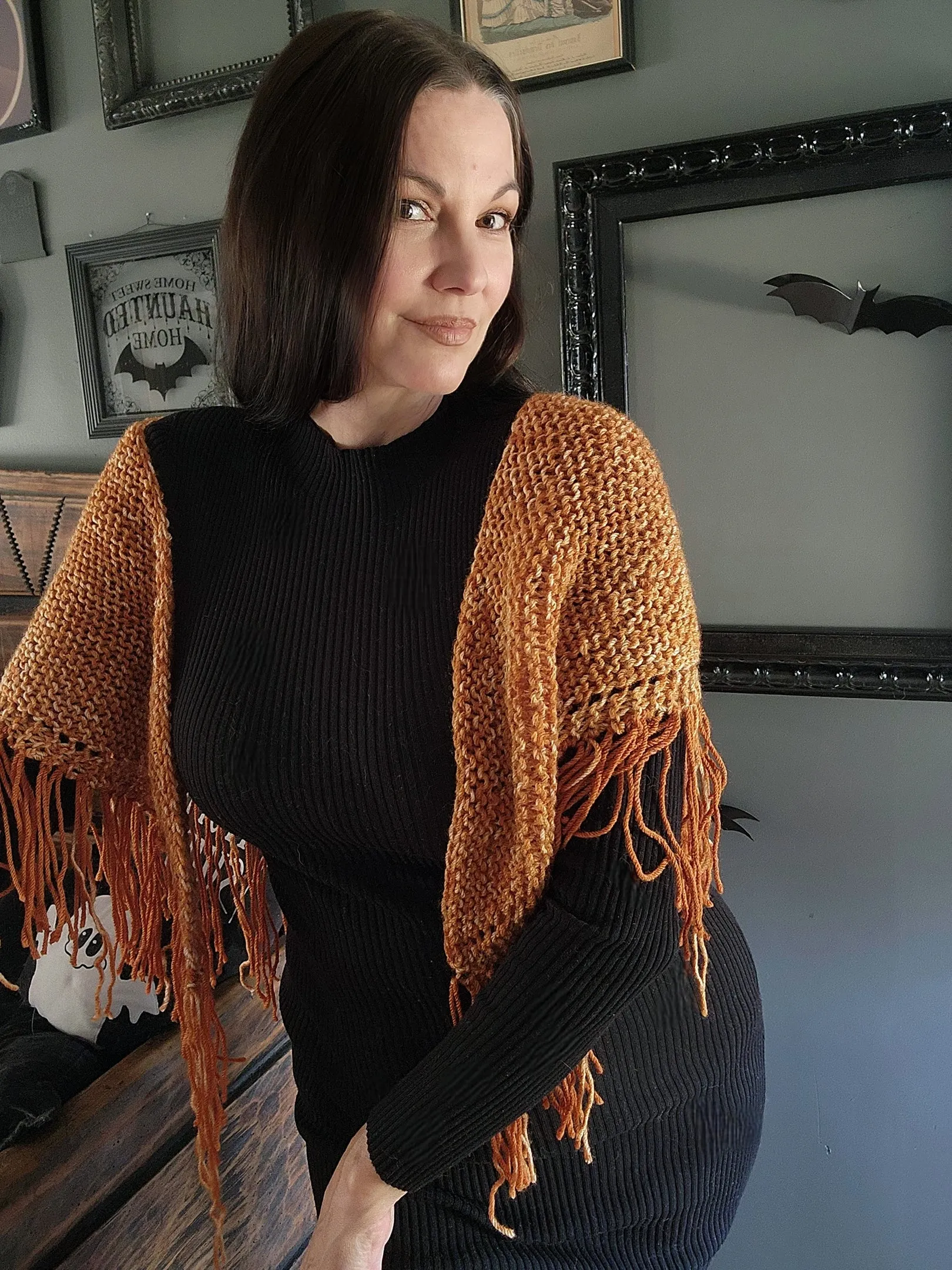 HandKnit "Pumpkin Cream" Orange Shawl With Fringe