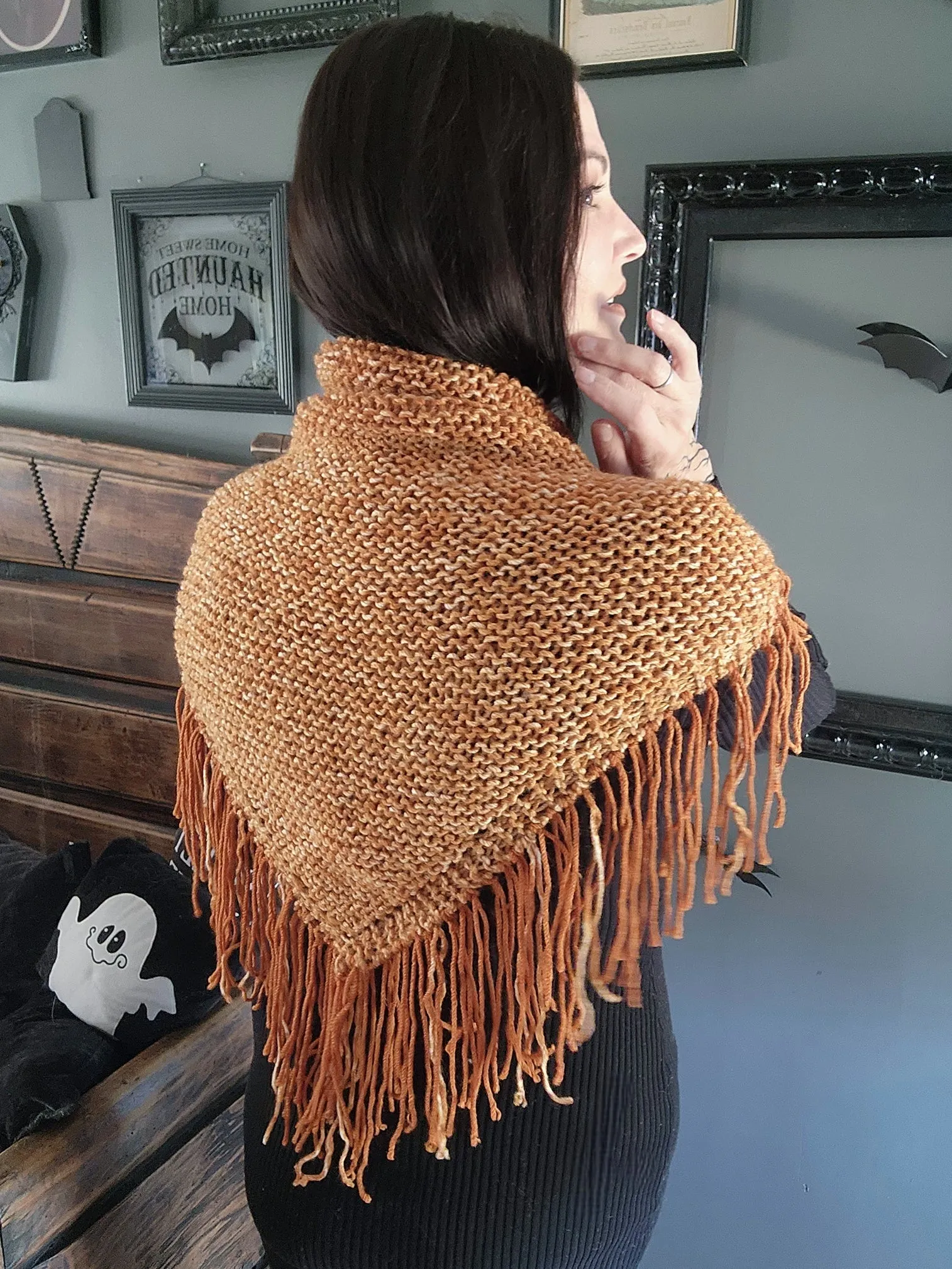 HandKnit "Pumpkin Cream" Orange Shawl With Fringe