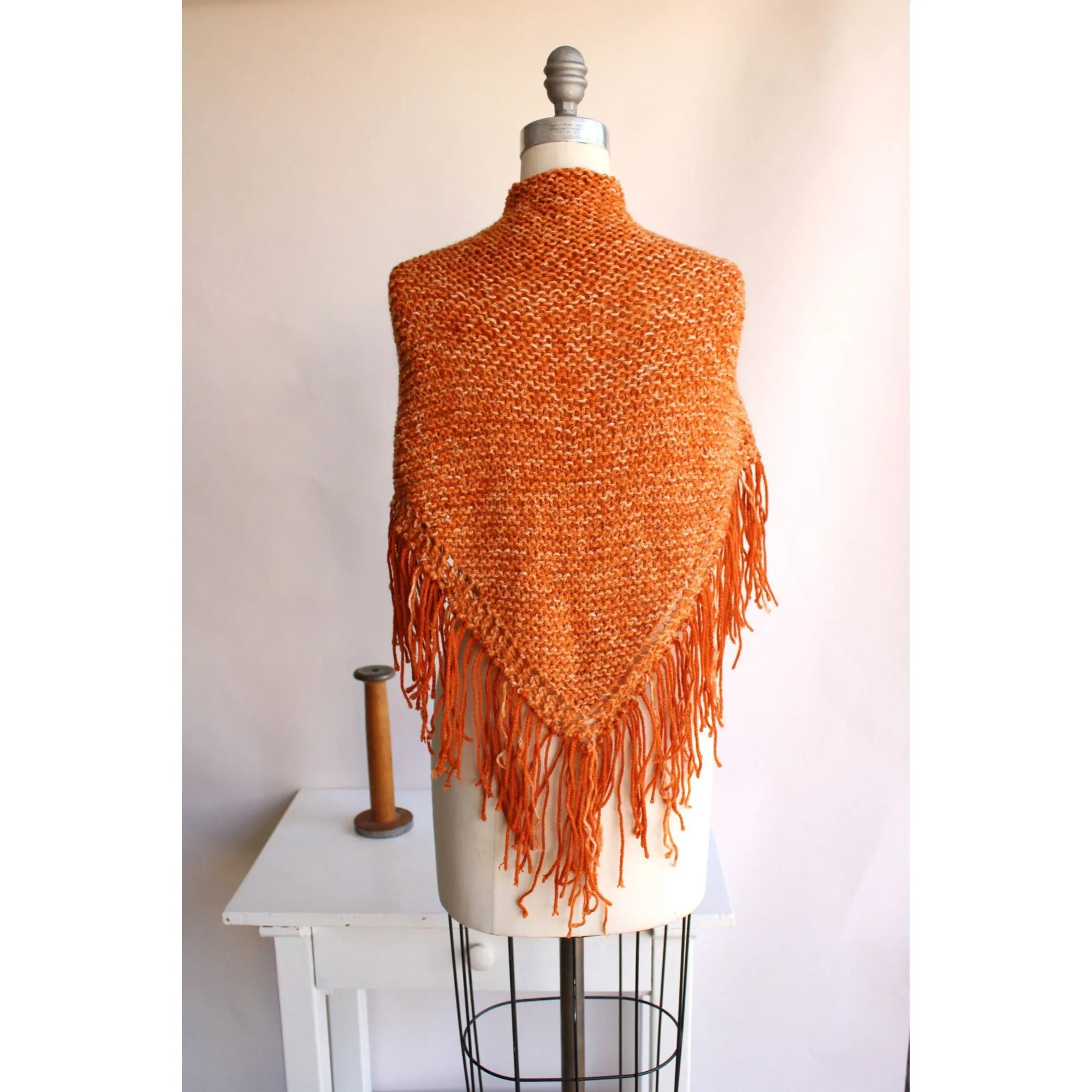 HandKnit "Pumpkin Cream" Orange Shawl With Fringe