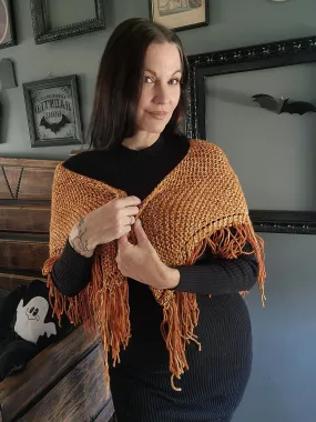 HandKnit "Pumpkin Cream" Orange Shawl With Fringe