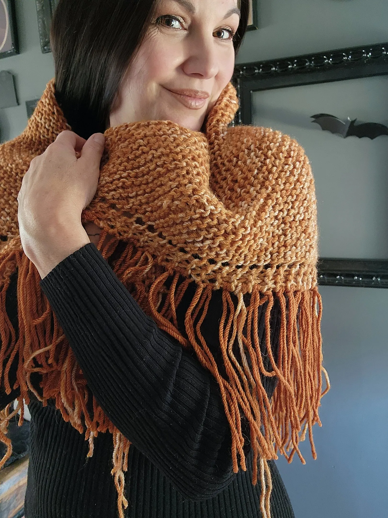 HandKnit "Pumpkin Cream" Orange Shawl With Fringe