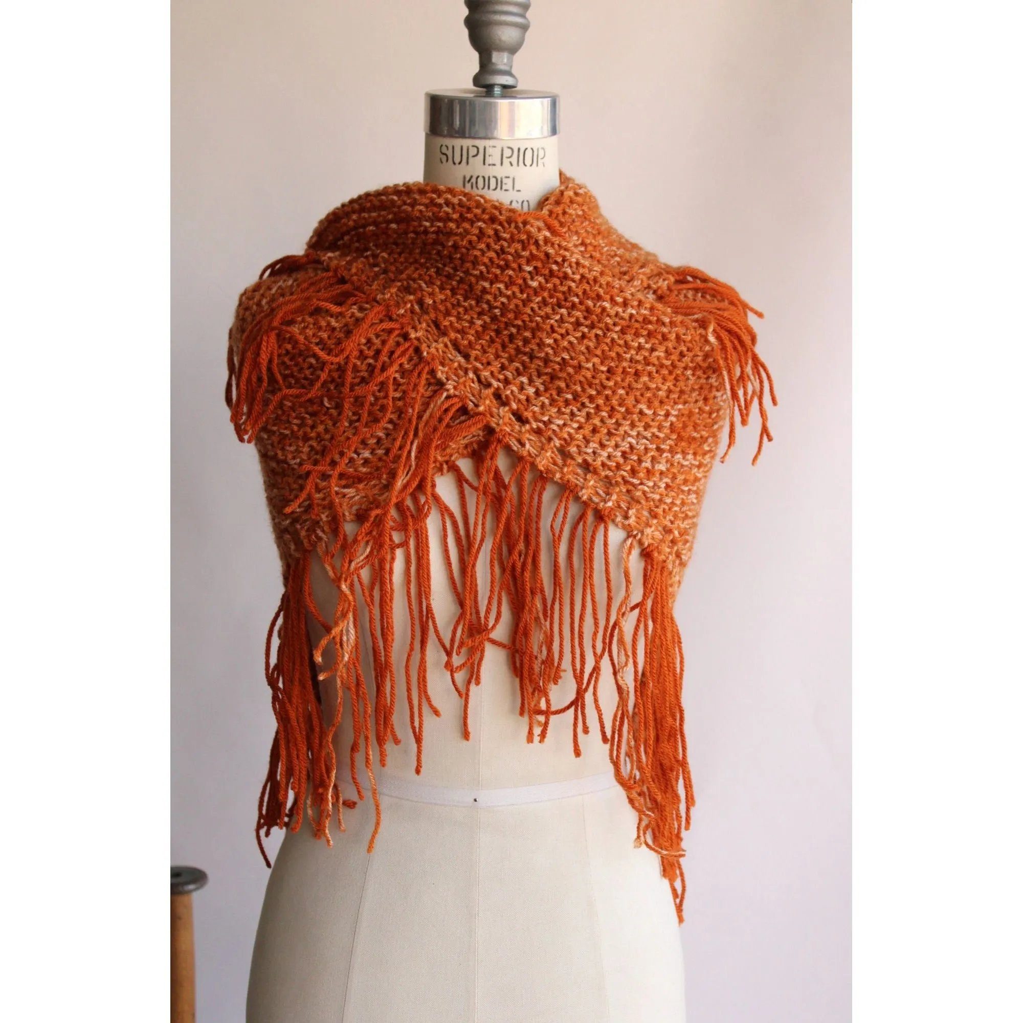 HandKnit "Pumpkin Cream" Orange Shawl With Fringe