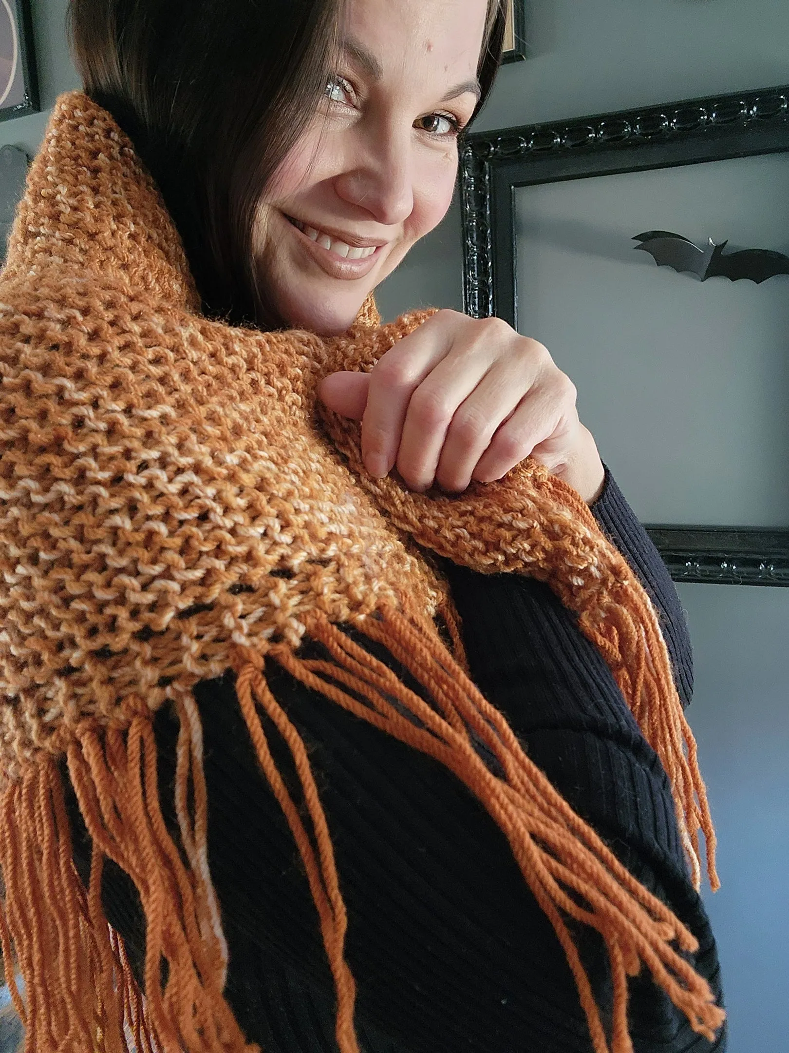 HandKnit "Pumpkin Cream" Orange Shawl With Fringe