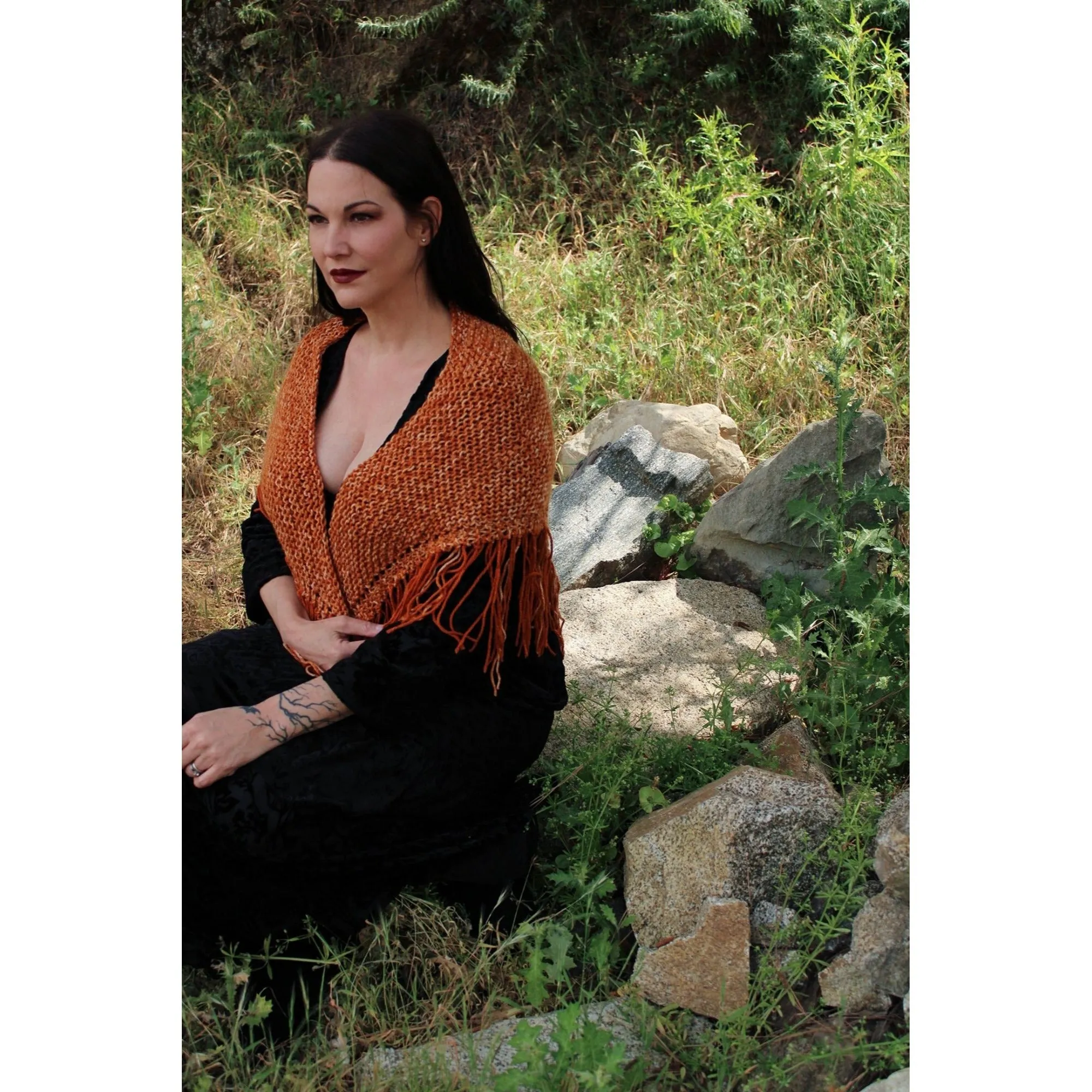 HandKnit "Pumpkin Cream" Orange Shawl With Fringe