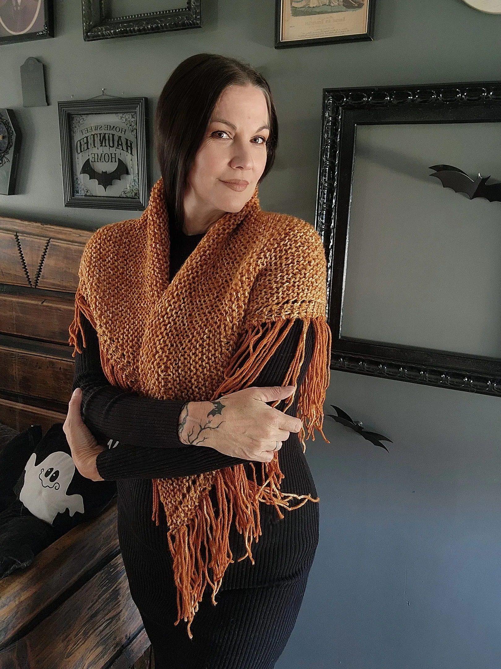 HandKnit "Pumpkin Cream" Orange Shawl With Fringe