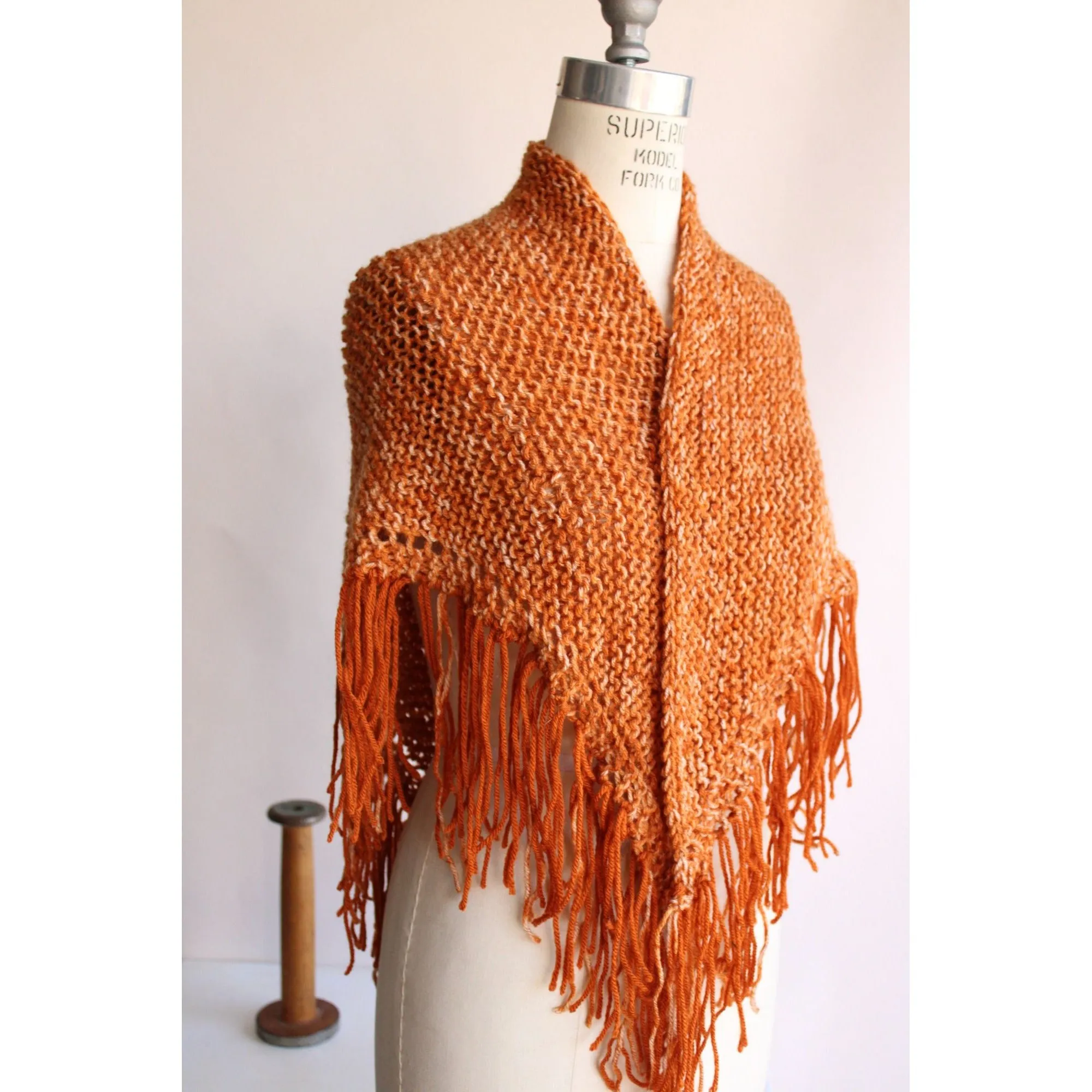 HandKnit "Pumpkin Cream" Orange Shawl With Fringe