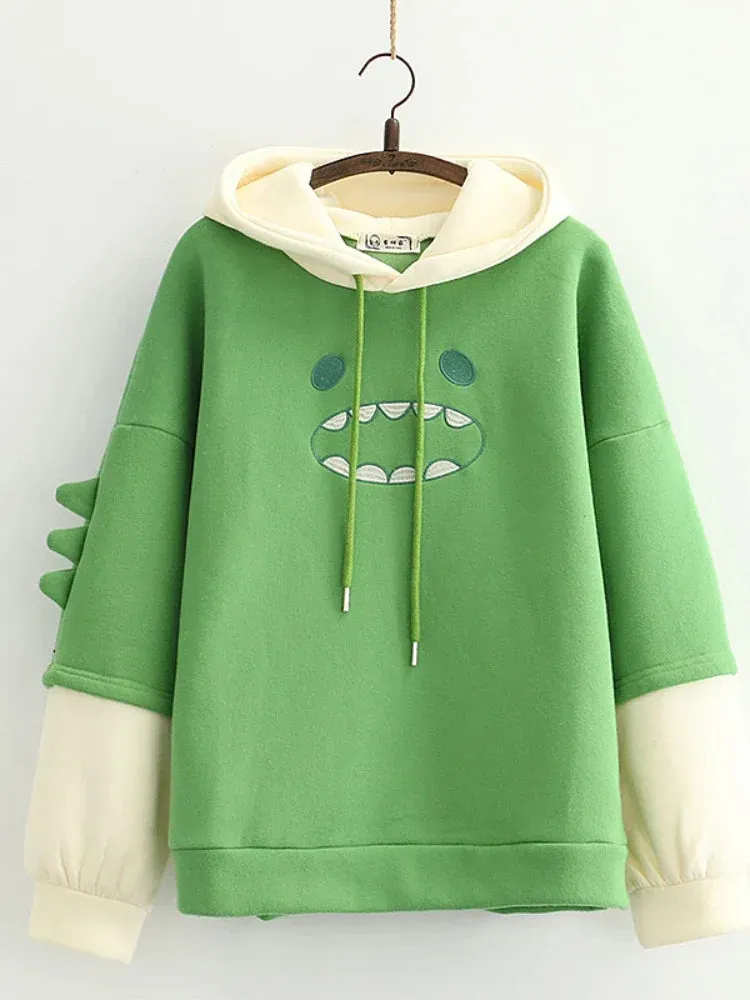 Harajuku Kawaii Hoodies Cartoon Dinosaur Print Casual Women Winter Warm Fleece Hooded Cotton Sweatshirt Teen Girls Cute Top