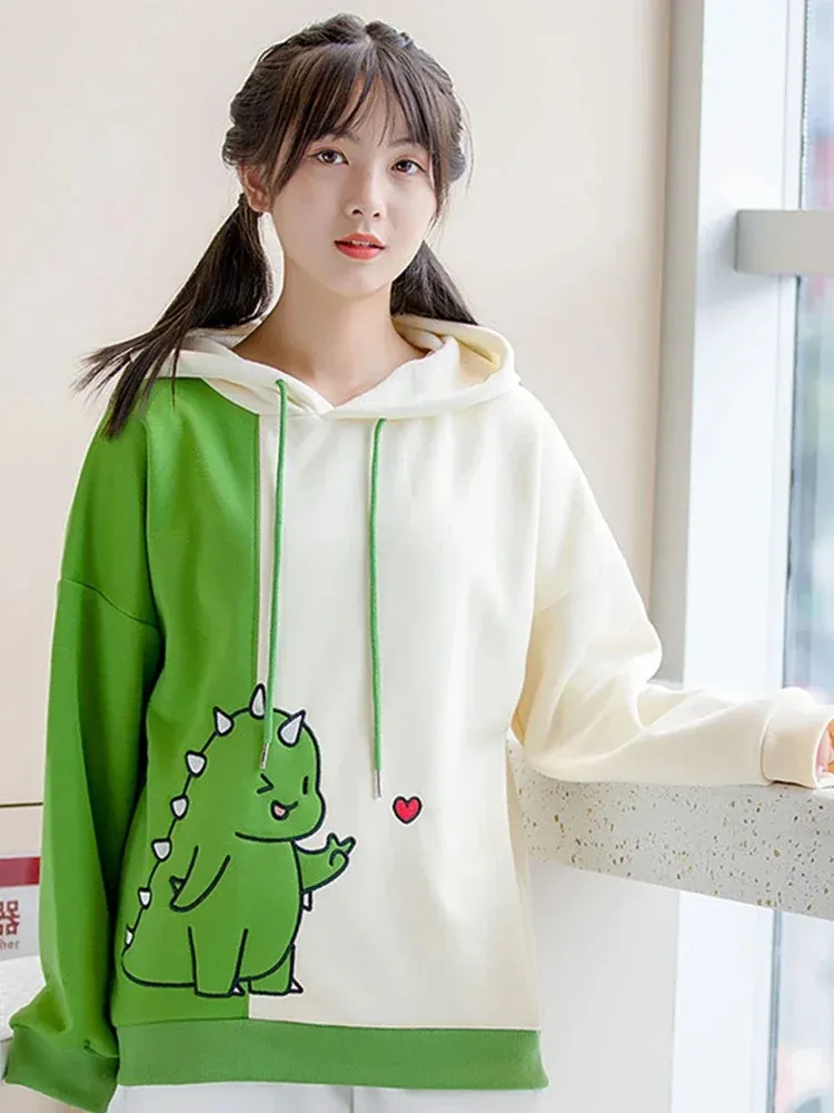 Harajuku Kawaii Hoodies Cartoon Dinosaur Print Casual Women Winter Warm Fleece Hooded Cotton Sweatshirt Teen Girls Cute Top