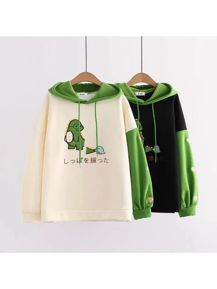 Harajuku Kawaii Hoodies Cartoon Dinosaur Print Casual Women Winter Warm Fleece Hooded Cotton Sweatshirt Teen Girls Cute Top