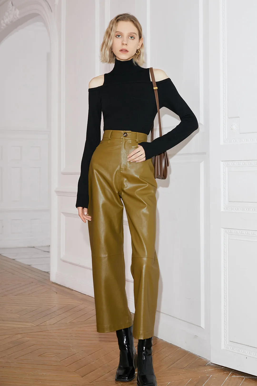 High waist leather pants | Draped wide-leg pants trousers | Commuter leather pants