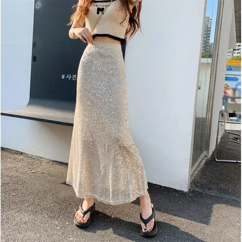 High-Waisted Sequined Shiny Midi Mesh Skirt