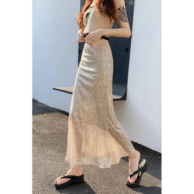 High-Waisted Sequined Shiny Midi Mesh Skirt