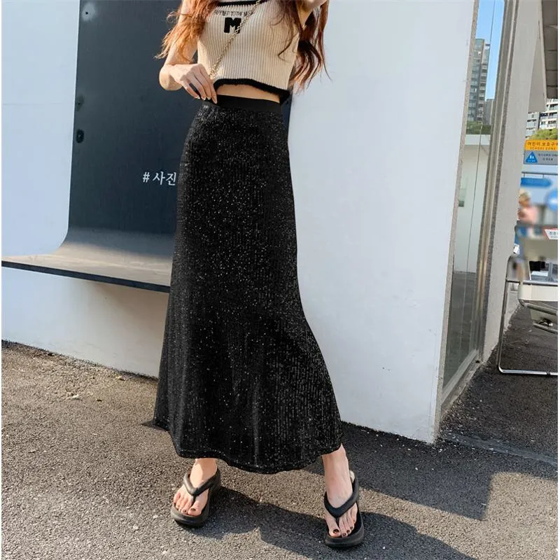 High-Waisted Sequined Shiny Midi Mesh Skirt