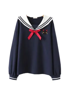 Japan Style Cute Women Sweatshirts Cartoon Cat Embroidery Hoodies Long Sleeve Sailor Collar Sweet Girl Pullovers Tracksuits