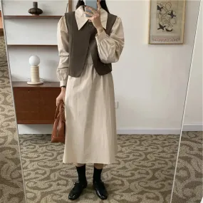 Joskka  New Vintage High Waist Korean Fashion Oversized Elegant Lady 2 Pieces Vest Women Autumn Winter Pink Shirt Dresses