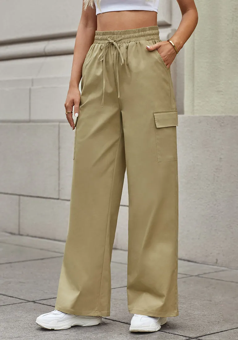 Khaki Women's Brief Elastic Waist Wide Leg Cargo Pants Stretch Loose Pants Y2K