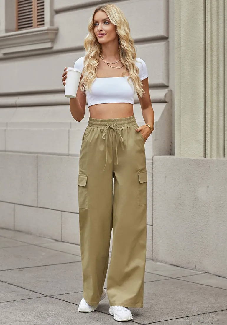 Khaki Women's Brief Elastic Waist Wide Leg Cargo Pants Stretch Loose Pants Y2K