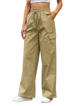 Khaki Women's Brief Elastic Waist Wide Leg Cargo Pants Stretch Loose Pants Y2K