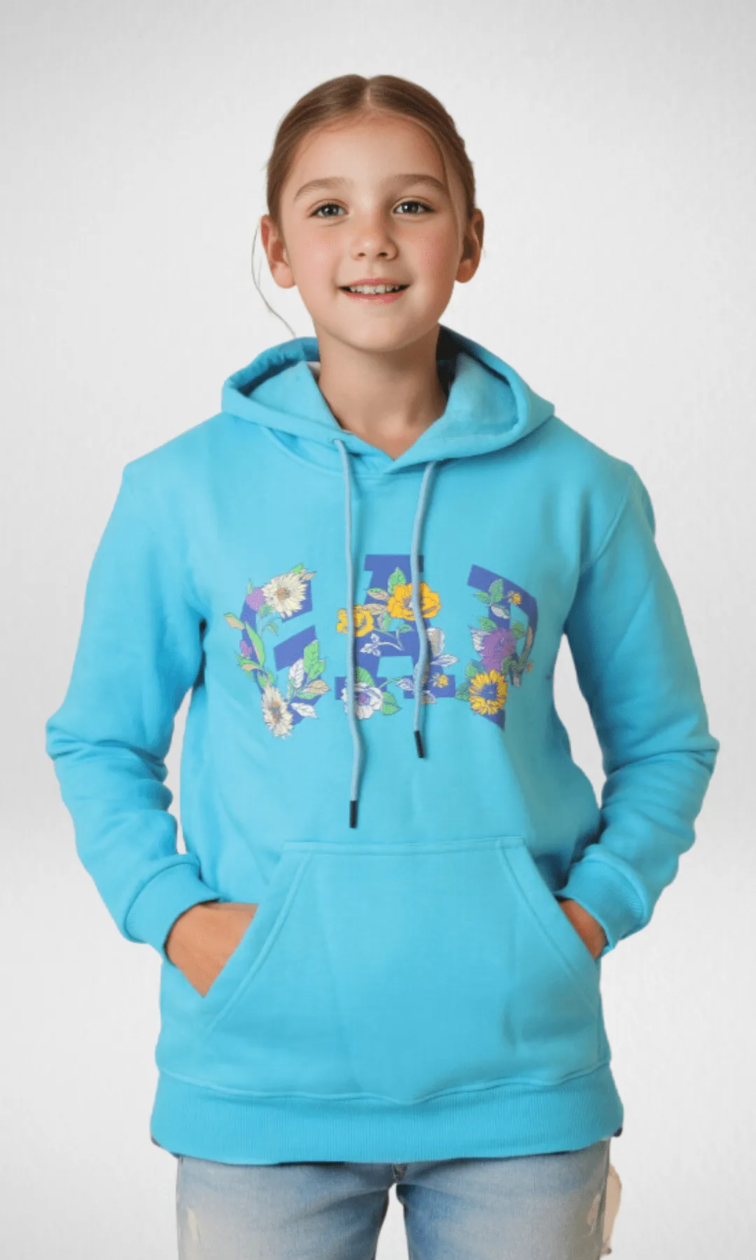 Kids New Hoodie With Flower Logo - Baby Blue