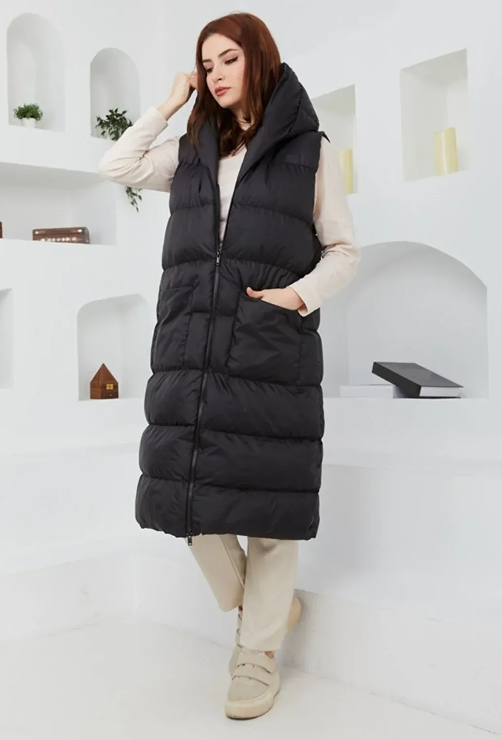 Ladies Womens Hooded Puffer Gilet Jacket Long Line Top Body Warmer Outwear S-5XL