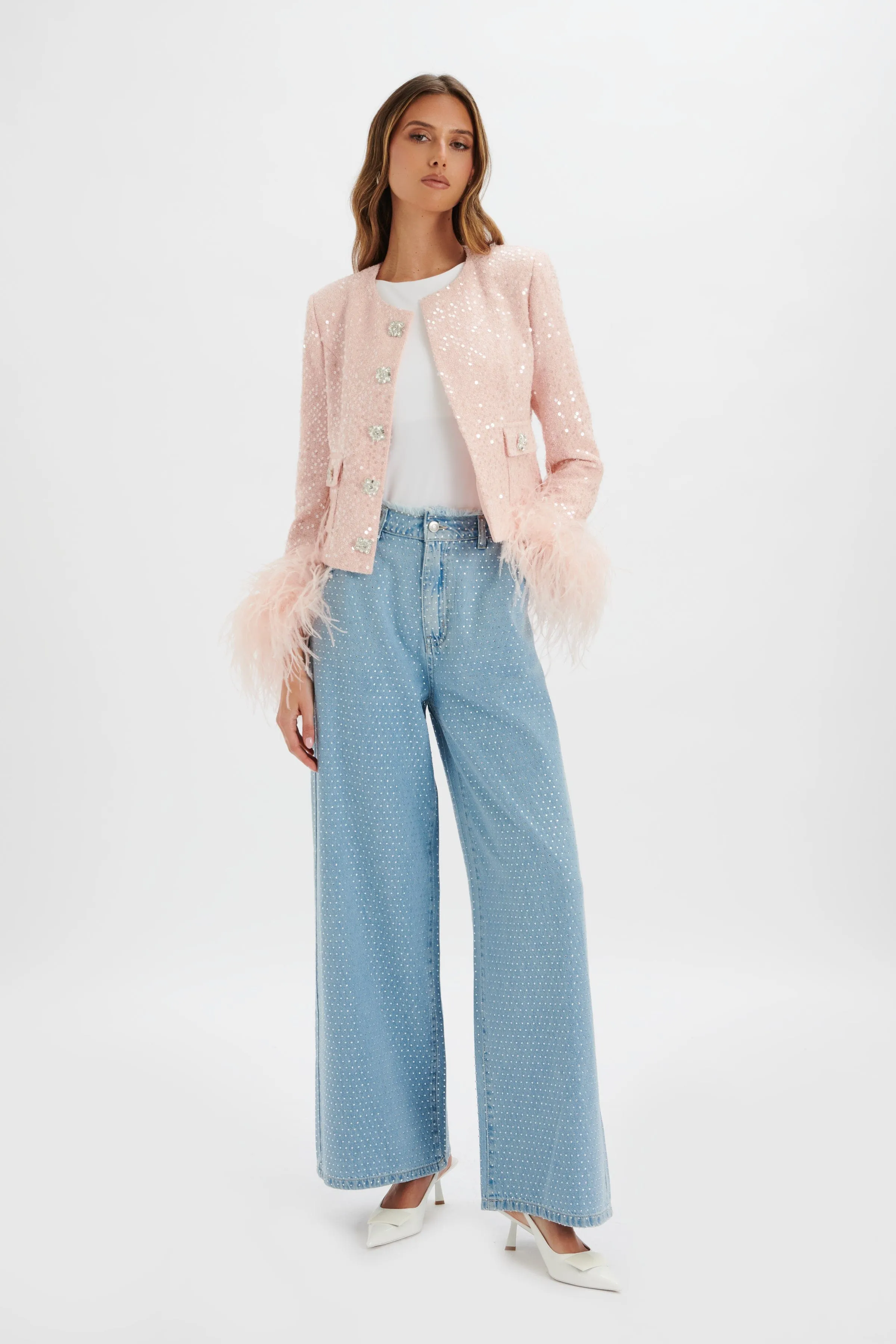 LARIA Sequin Boucle Jacket with Feather Cuffs in Pink