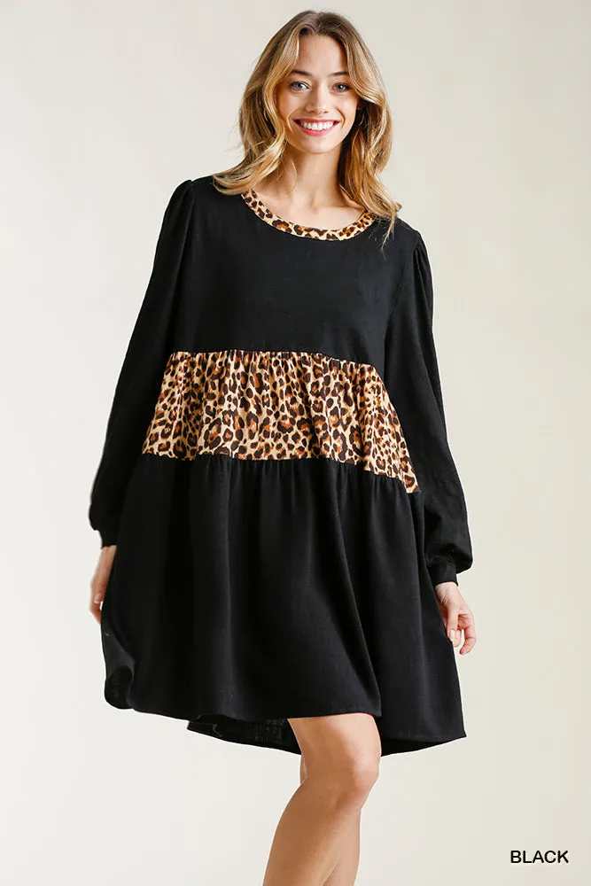 Leopard Tiered Babydoll Dress, Black