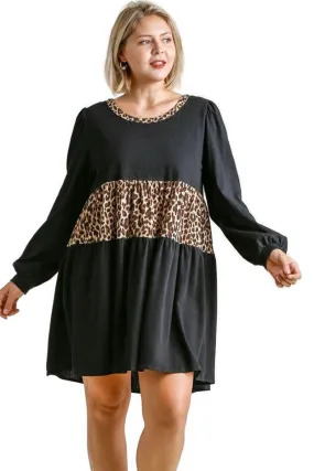 Leopard Tiered Babydoll Dress, Black