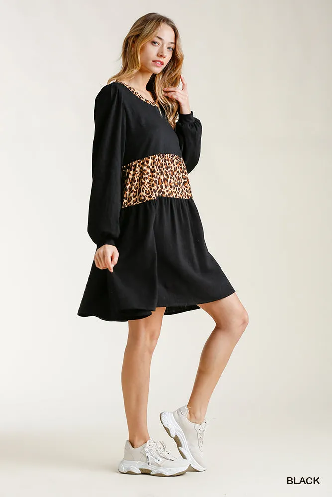 Leopard Tiered Babydoll Dress, Black