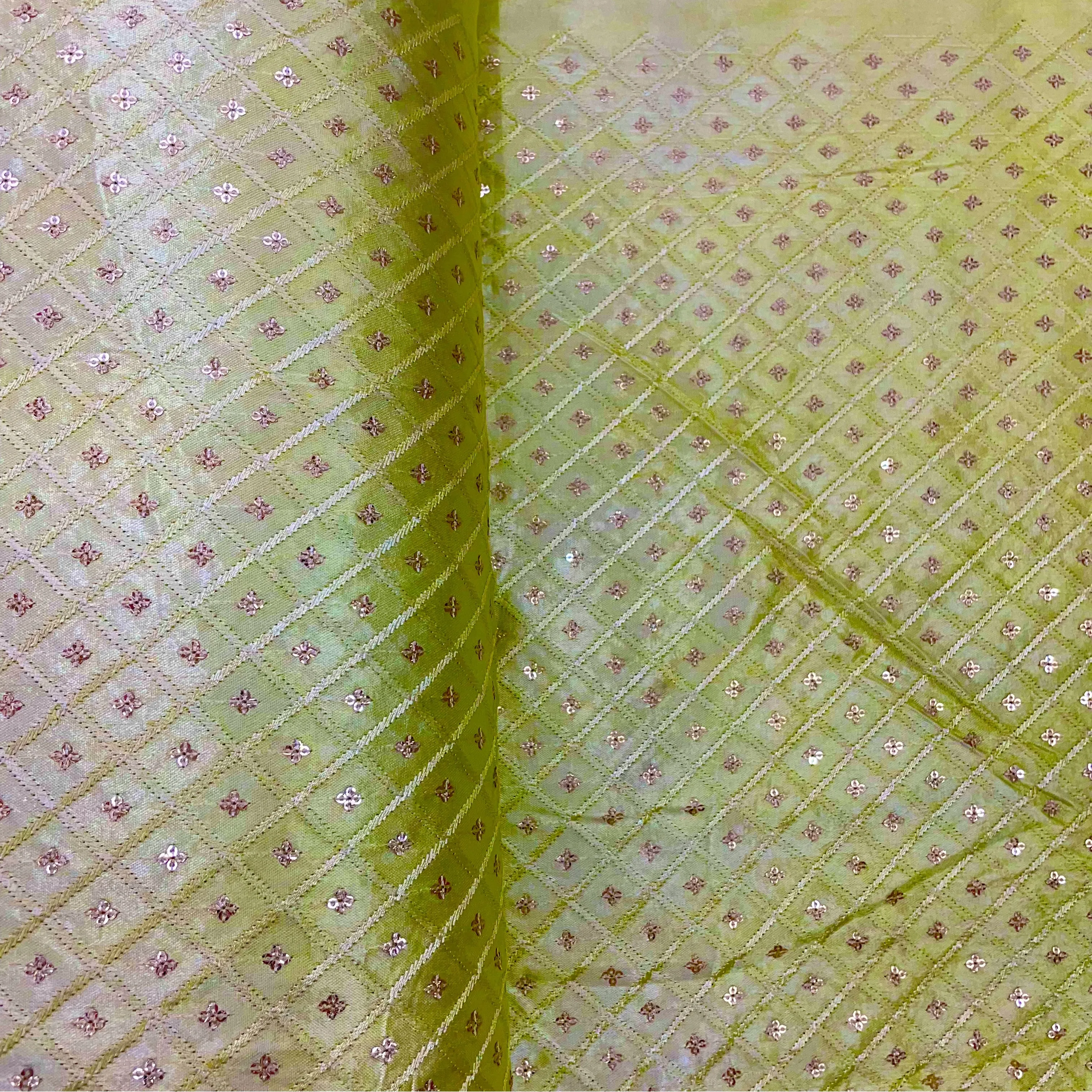 Light Yellow Geometrical Embroidery Sequins Satin Silk Fabric