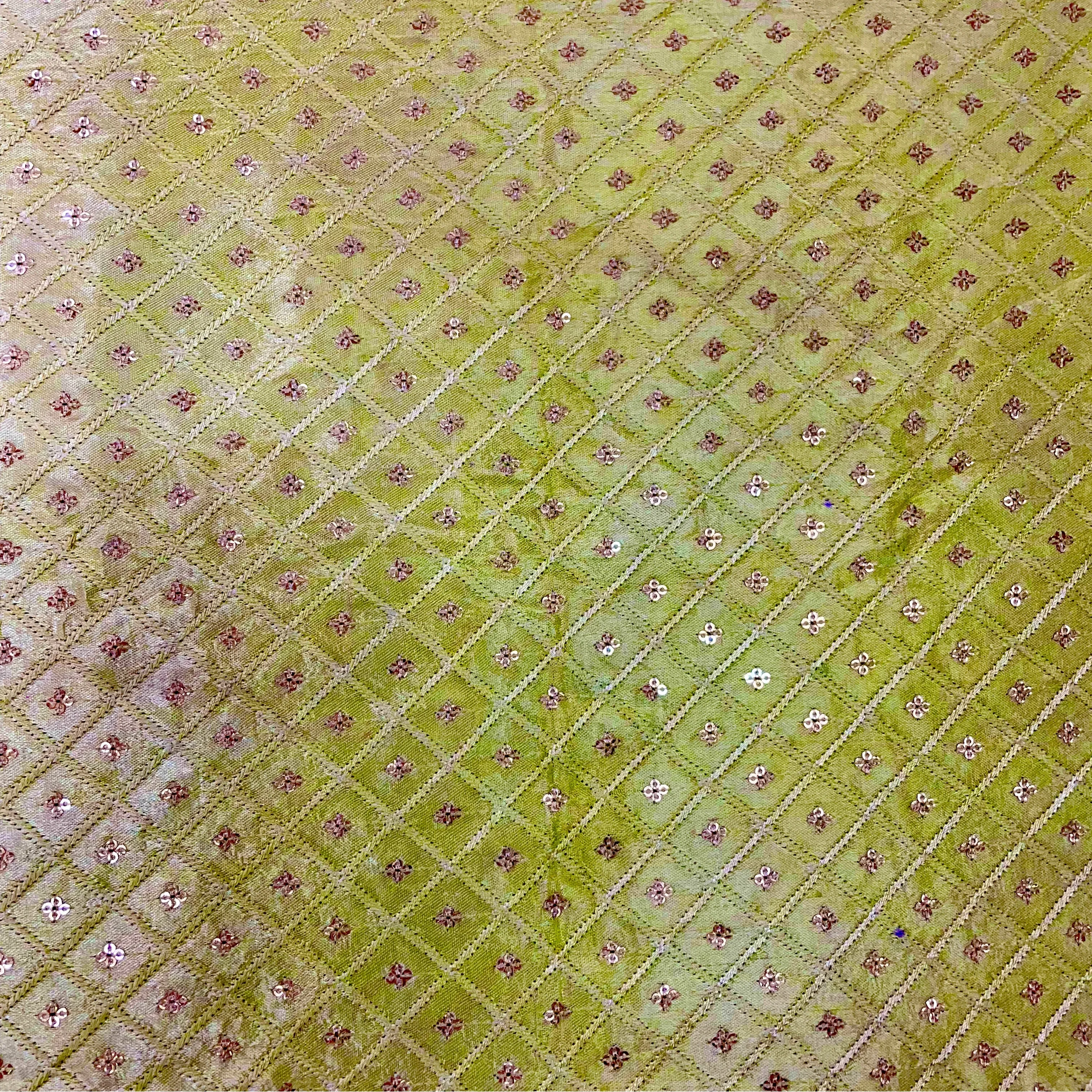 Light Yellow Geometrical Embroidery Sequins Satin Silk Fabric