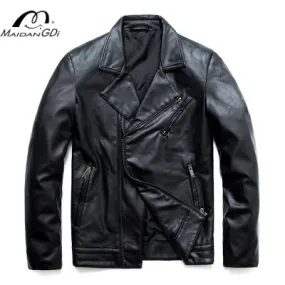 MAIDANGDI Men's  Leather Jacket  Irregular Coat  Motorcycle Style Windproof Top  Synthetic Leather  Solid Color  Oversized Size