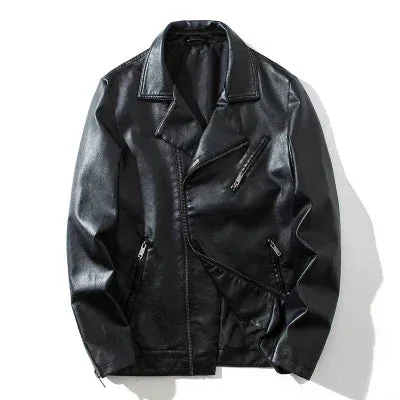 MAIDANGDI Men's  Leather Jacket  Irregular Coat  Motorcycle Style Windproof Top  Synthetic Leather  Solid Color  Oversized Size